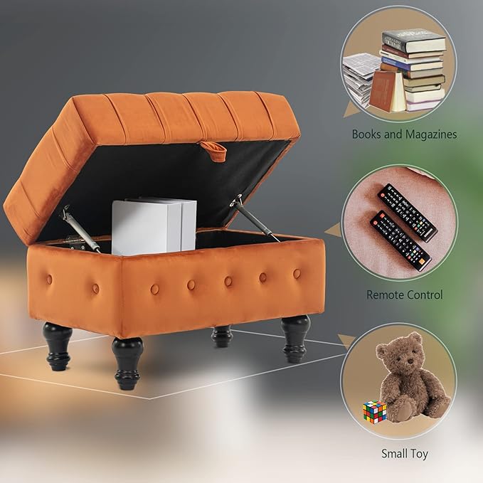 Artechworks Rectangular Storage Coffee Table Ottoman,Button Tufted Velet Upholstery Footstool Bedroom Ottoman for Living Room, Home Office, Space-Saving Storage Toy Box Stool, Caramel