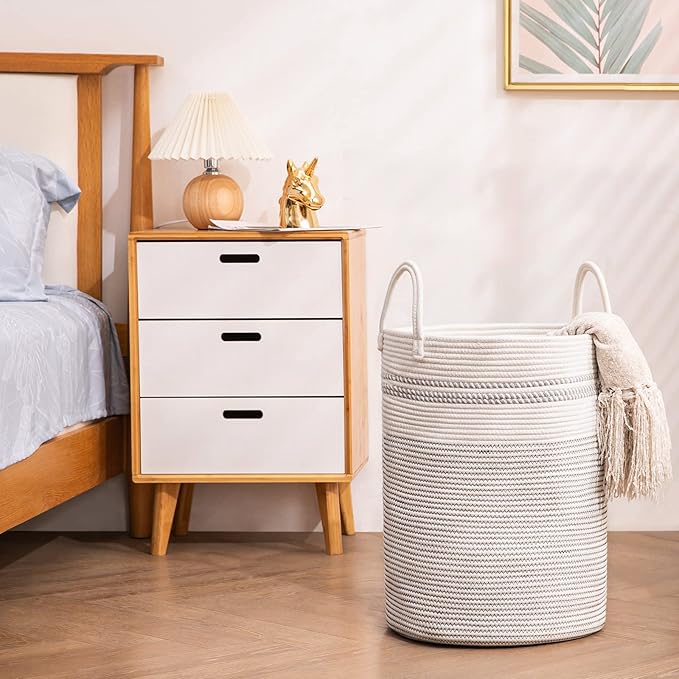 Woven Rope Laundry Hamper Basket, 58L Tall Luandry Basket, Baby Nursery Hamper for Blanket Storage, Clothes Hamper for Laundry in Bedroom-Large-Stripe White