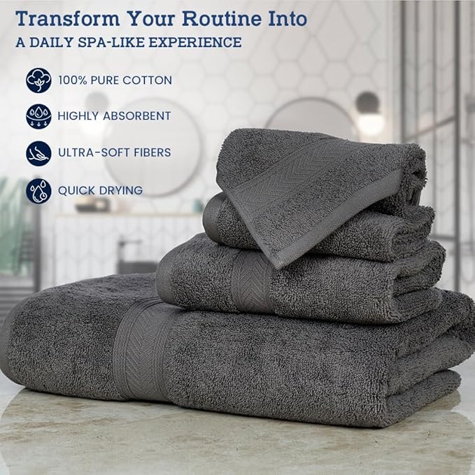 Casa Lino 100% Cotton Bath Towels Set of 4 (1 Bath Towel, 1 Hand Towel & 2 Wash Cloths) - Bathroom Towels and Washcloths Set - Complete Bathroom Set - Guest Room Essentials - (Charcoal Black)