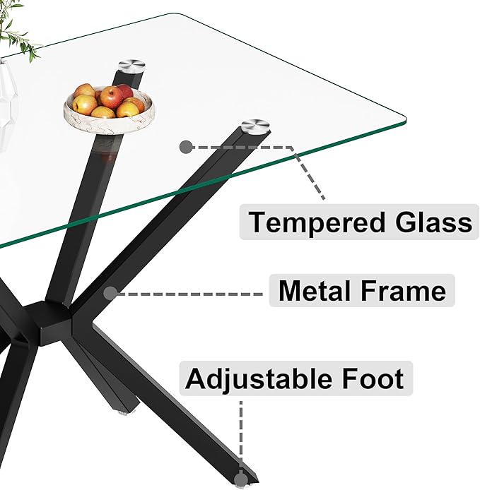 Modern Rectangular Glass Dining Table with Tempered Glass Top and Metal Legs - Perfect for Home, Kitchen, Dining Room