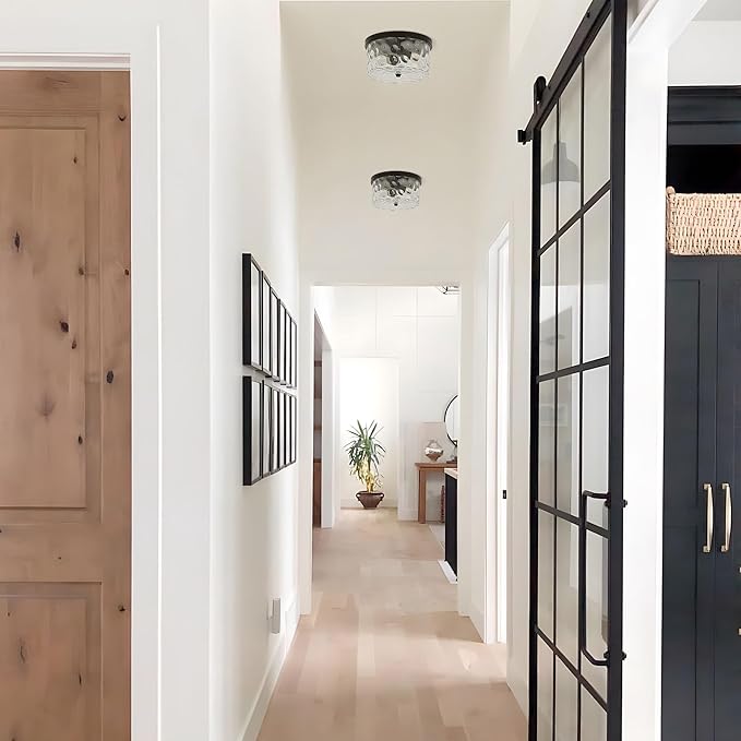 LamQee 9.8" Small Flush Mount Ceiling Light With Clear Hammered Glass, Black Hallway Light Fixtures Ceiling Mount for Bathroom, 2-Lights Farmhouse Close To Ceiling Light Kitchen Foyer Entryway Bedroom