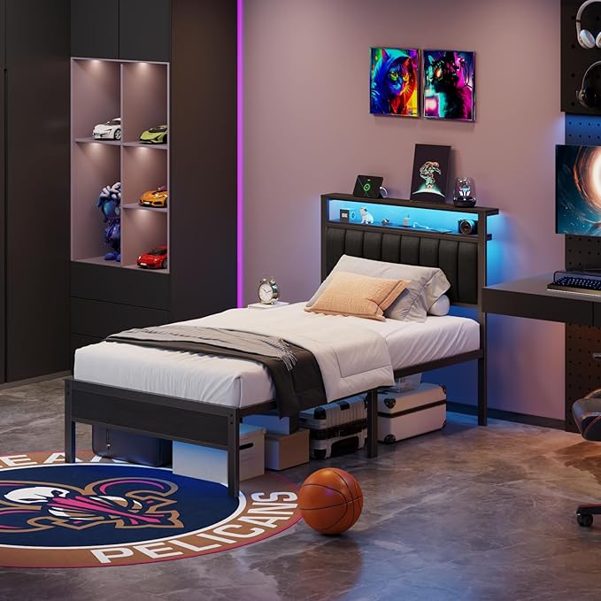 Furnulem Twin Size Bed Frame with Charging Station and LED Lights, Platform Bed with Metal Slats, Grey Upholstered Headboard with 2-Tier Storage Shelves, No Box Spring Needed