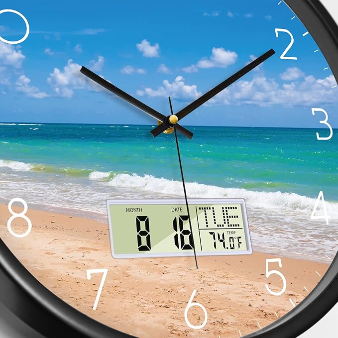 Modern Wall Clocks with Calendar and Date Ocean Wave Sea Beach Digital Clock Large Display Non-Ticking Kitchen Silent Clock with Day and Temperature for Elderly Farmhouse Living Room Bathroom 14 Inch