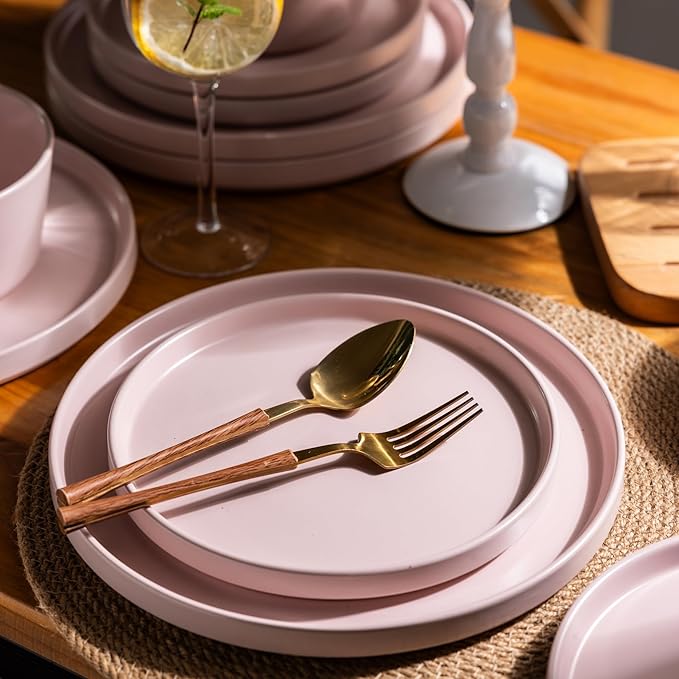 AmorArc Ceramic Dinnerware Sets for 4, Modern Flat Stoneware Plates and Bowls Sets,Chip and Crack Resistant | Dishwasher & Microwave Safe Dishes Set,Scratch Resistant- Service for 4 (12pc)-Matte Pink