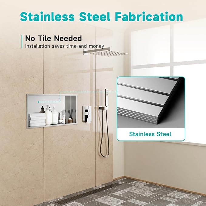 Stainless Steel Shower Niche 12" x 24" Recessed Wall Niche, No Tile Needed, Waterproof & Rustproof Bathroom Storage Shelf (Brushed Nickel)