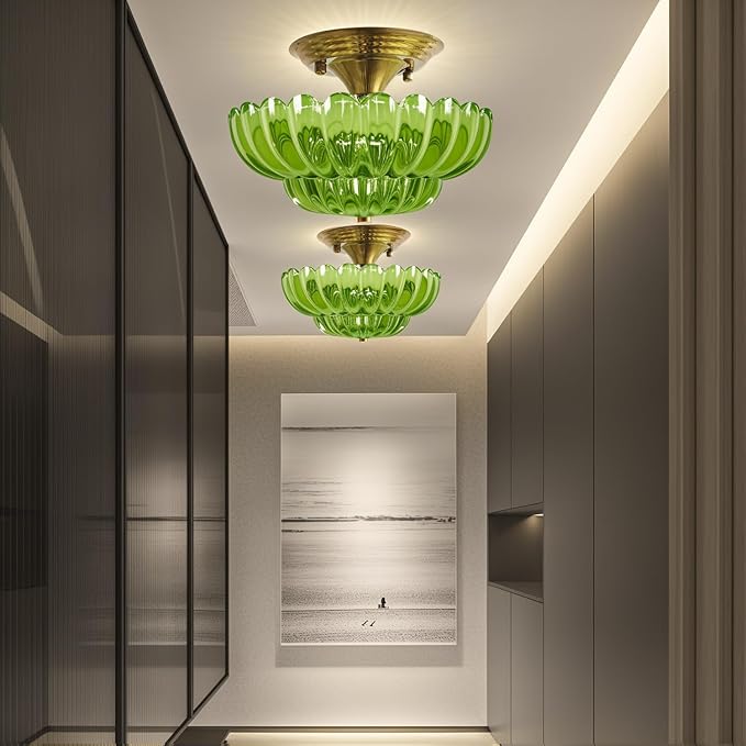 Ceiling Lights Semi Flush Mount Ceiling Light, Modern Gold Ceiling Light with Green Glass,Ceiling Lights Fixture Suitable for Bedroom Dining Room Kitchen Living Room Entryway Hallway