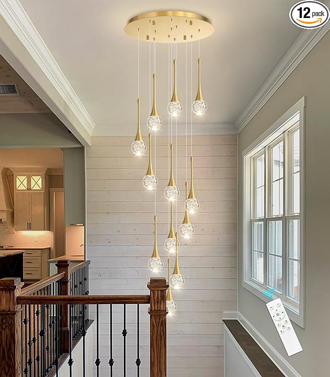 118 inches Modern Glam Crystal Chandelier for High Ceiling LED Dimmable Ceiling Pendant Light Staircase Foyer Enterway Living Room Chandelier Lighting Antique Gold 12 Lights