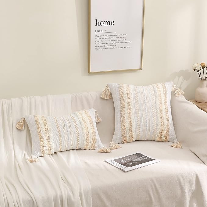 decorUhome Decorative Boho Throw Pillow Cover 18x18, Accent Neutral Textured Tufted Pillow Cover Striped for Couch Bed Sofa, Khaki and Cream White, Pack of 1