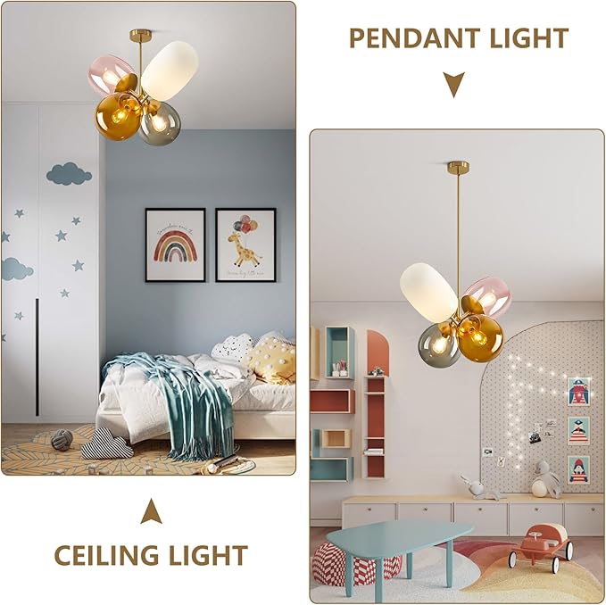 KCO Lighting Modern Colorful Pendant Light Gold Globe Pendant Lighting Stained Glass Balloon Chandelier Light Fixture Colored Glass Pendant Lights Kitchen Island for Kids Room