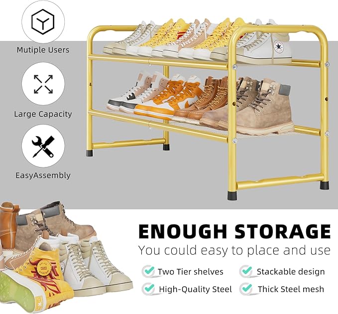 SUFAUY Shoe Rack for Closet, 33" Wide Metal Shoe Rack Organizer Heavy Duty, 2-Tier Mesh for Shoes, Gold