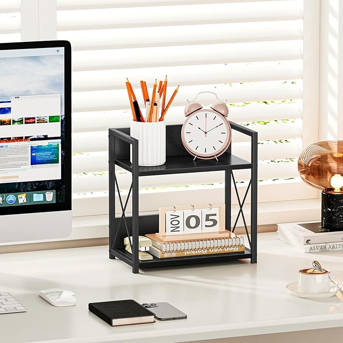 Giikin Countertop Organizer, 2 Tier Coffee Station Organizer for Desktop, Wood Counter Shelf Spice Rack for Kitchen (Black, M)