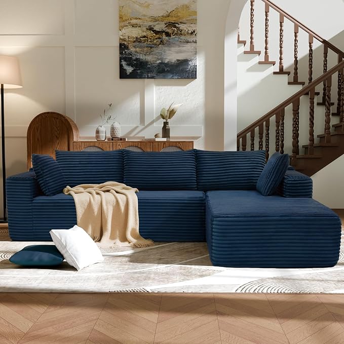 Modern Cloud Modular Sectional Sofa with Chaise, 106" L-Shaped Sofa Couch for Living Room, Deep Seat Plush Boneless Couches, Includes Pillows, Left Chaise, Blue