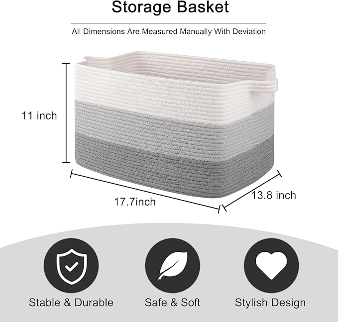 OIAHOMY Cotton Rope Basket, Rectangle Woven Baskets for Storage, Nursery Blanket Storage Living Room, Toy Basket With Handle-17.7”x13.8”x11”-Gradient Grey
