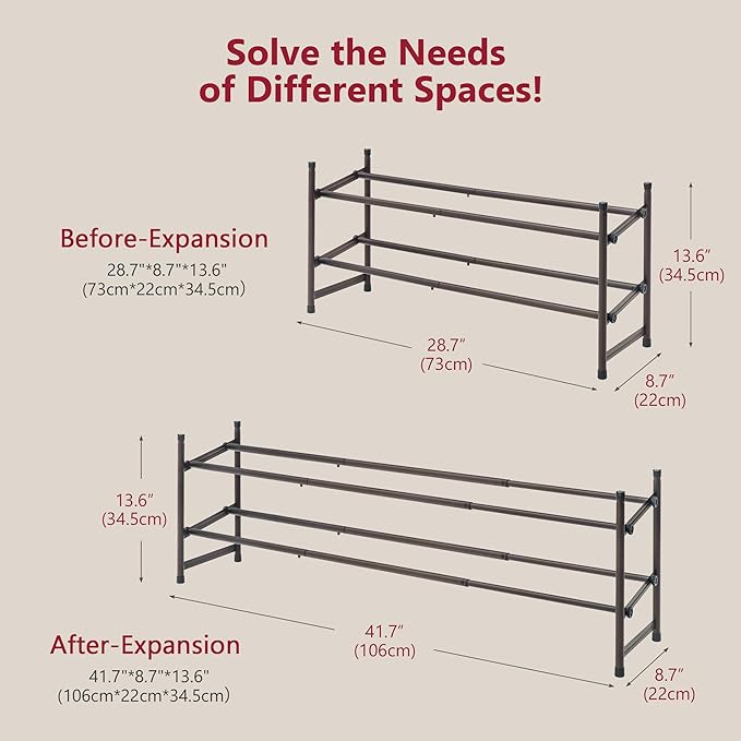 Tajsoon 2 Tier Expandable Shoe Rack for Closet, 28“-41“Adjustable & Stackable Shoe Shelf Storage, Metal Shoe Rack Organizer for Front Door Entrance, Closet, Garage, Entryway, Bronze
