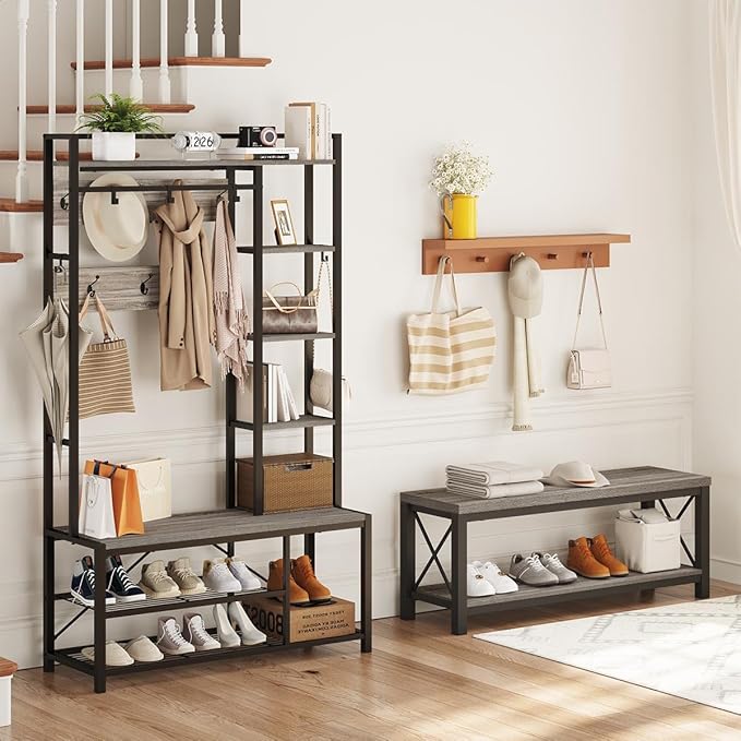 BON AUGURE Entryway Bench, Wood Metal Shoe Rack Bench for Indoor, Industrial Storage Benches for Bedroom, Mudroom, Foyer (47 inch Wide, Dark Grey Oak)