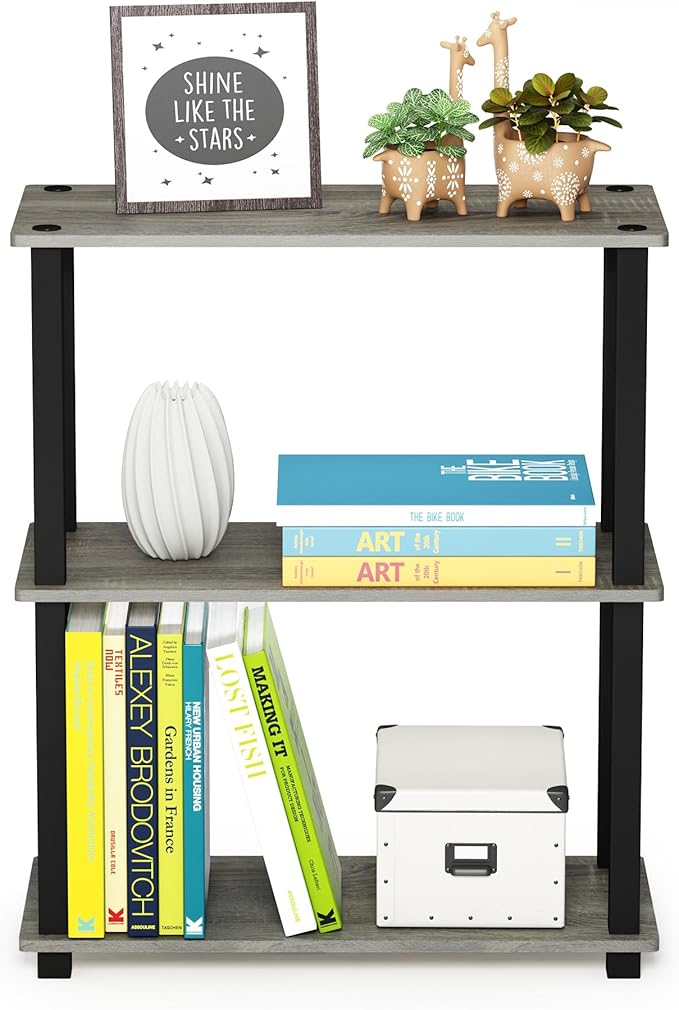 Furinno Turn-S-Tube 3-Tier Compact Multipurpose Shelf Display Rack with Square Tube, French Oak Grey/Black
