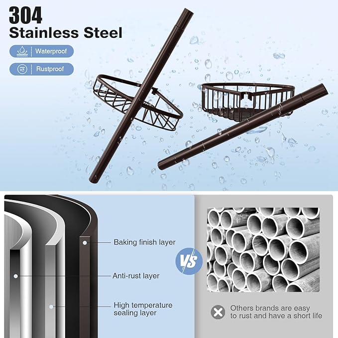 Corner Shower Caddy Tension Pole: Stainless Steel Rustproof 4-Tier Shower Organizer - 47-121 inch Adjustable Bathroom Shelves for Bathtub Shampoo Storage - Tension Rod Floor Standing Bath Rack -Bronze