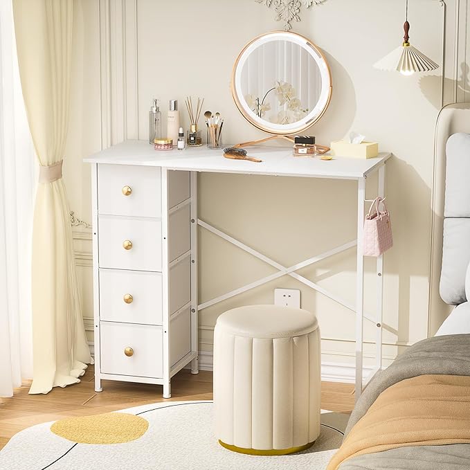 Vanity Desk No Mirror, Small Makeup Vanity with 4 Fabric Drawers, White Dressing Table for Small Spaces, 35.4 Inches Girls Makeup Table Bedroom