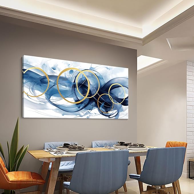HKDGOKA Blue Abstract Wall Art, Graffiti Ink Gradient Living Room Canvas Artwork White Gold Large Wall Picture Modern Office Paintings for Kitchen Dining Room Bedroom Wall Decor 24x48 IN