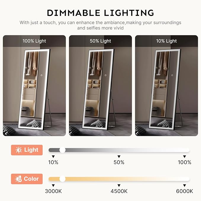 56×18 LED Full Length Mirror with Lights - Wall Mounted Vertical Vanity Mirror for Bedroom & Bathroom, Full Body Backlit, Adjustable Brightness, Tempered Glass, Full Length Mirror for Home