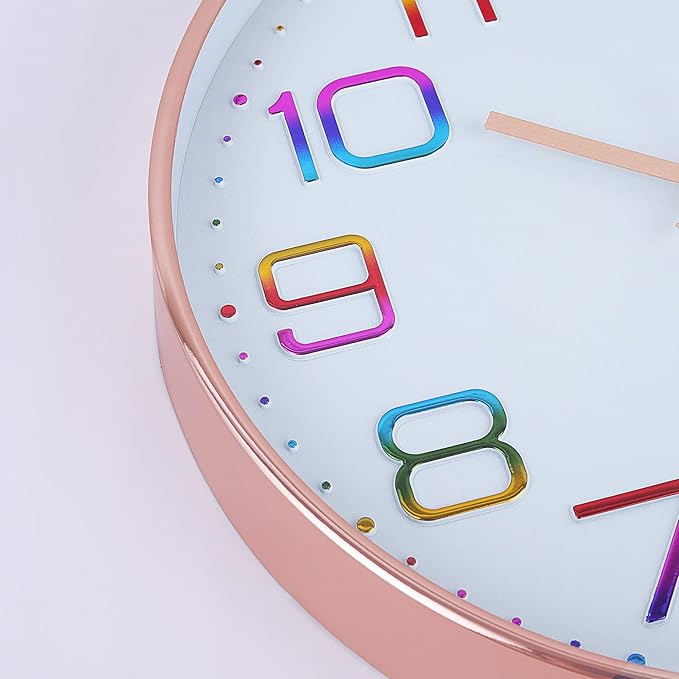 Lafocuse 12 Inch Colorful Wall Clock Battery Operated for Kitchen Living Room, Silent Rose Gold Analog Clock for Girls Bedroom Home Décor
