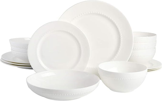 Gibson Elite Embossed Bone China Double Bowl Dinnerware Set, Service for 4 (16pcs), White