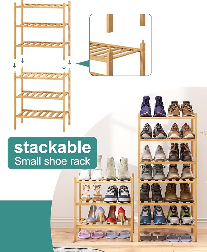 Small Shoe Rack, 6-Tier Shoe Shelf for Entryway, Bamboo Wood Shoe Rack for Closet & Hallway, Long 17.2IN | Beautiful | Functional | Sturdy | Durable