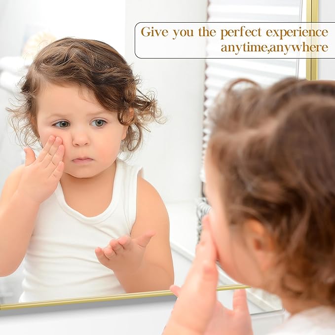 40×30 Gold Bathroom Mirror, Rectangular Bathroom Vanity Mirror for Wall with Rounded Corners & Aluminum Alloy Frame, Tempered-Glass, Modern, Farmhouse, Horizontal/Vertical, Entryway, Bedroom