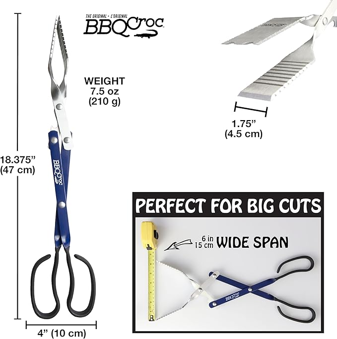 BBQ Croc 3 in 1 Barbecue Tool 18-inch - Lightweight and Long Tongs, Spatula and Grill Scraper (Blue) (18 inch Without Flashlight)