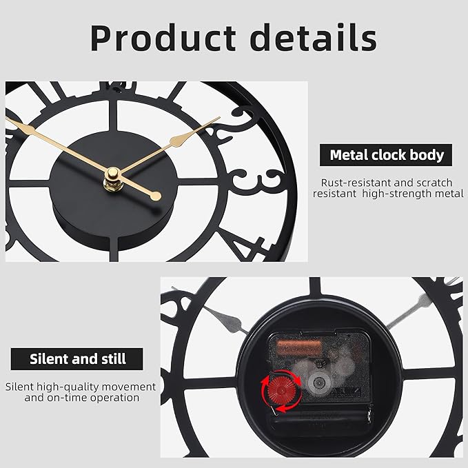 Wall Clock Battery Operated,Silent Non Ticking Modern Rustic Metal Small Clocks for Living Room/Bedroom/Office/Kitchen/Farmhouse Home Decor-10IN(Arabic Number-Black)