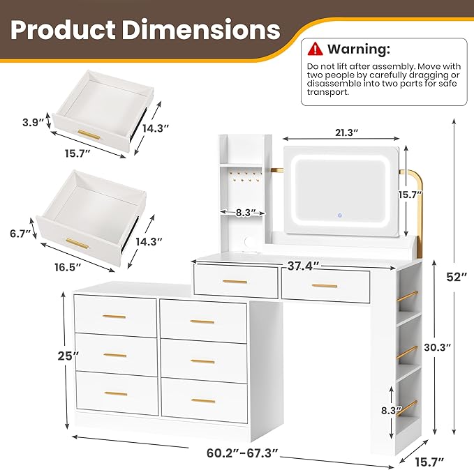 Pamapic 67" Vanity Desk with Mirror and Lights, Golden Handles 15 Storage Dresser with Mirror, 8 Drawers Makeup Vanity with Upgraded Silent Slides, Adjustable Width Corner Vanity Gift