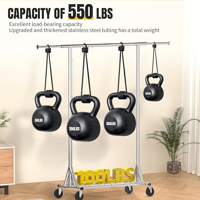 Clothing Garment Rack Capacity 550LBS Rolling Clothes Rack on Wheels - Heavy Duty Collapsible Commercial Storage Organizer - Mobile Clothes Rack with Multifunctional Design (Silver)