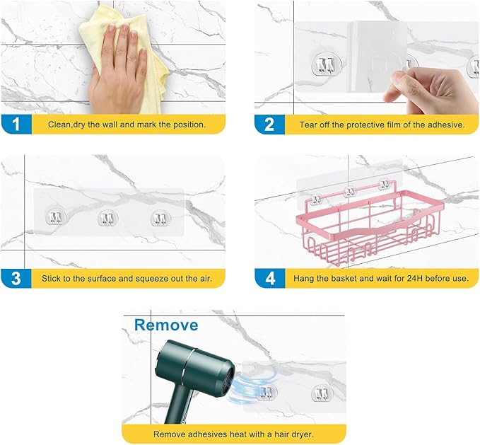 Adhesive Shower Caddy, No Drilling Bath Organizers 5 Pack, Rustproof Shelves with Soap Holder & Toothbrush Holder, Pink Bathroom Accessories Decor Set