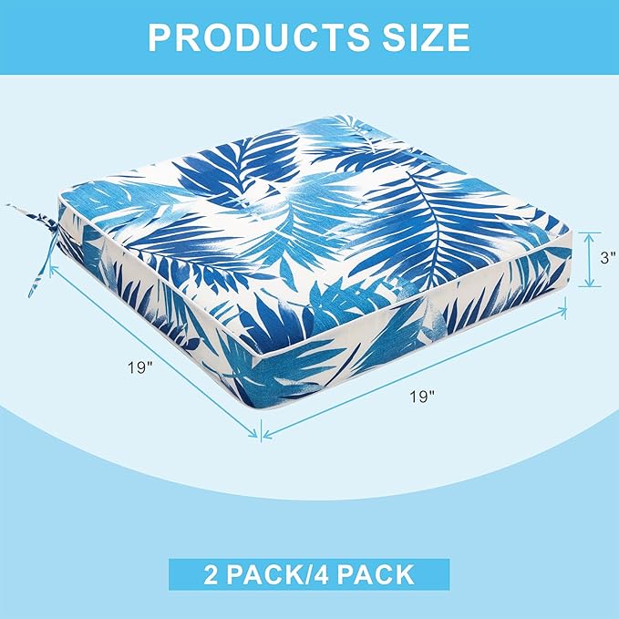 Outdoor Chair Cushions 19 x 19 Inch Set of 4 Water Resistant Seat Cushions with Ties, Outdoor Cushions for Patio Furniture with 3-Year Fade Resistant