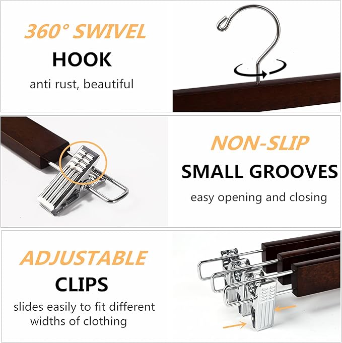 Amber Home 10 Pack 14.17" Solid Walnut Wooden Pant Skirt Hangers, Bottom Hangers for Slacks Trousers Jeans with 2-Adjustable Anti-Rust Clips (Walnut, 10 Pack)