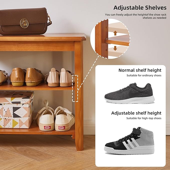Wood Shoe Bench, 3 Tiers Shoe Storage Bench Height Adjustable, Entryway Bench for Hallway, Cherry Wood YD-WD05N
