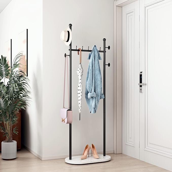 DR.IRON Black Clothing Racks with Marble Base Modern Coat Racks Freestanding Black Clothes Rack with Shelves for Bedroom Heavy Duty Garment Racks in Hallway, Entryway