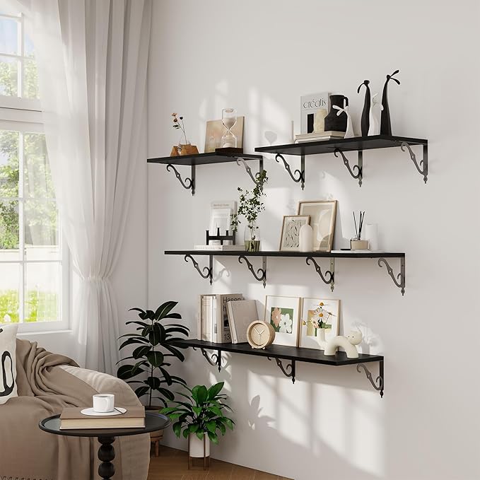 Deep Floating Shelves, 36" W x 12" D Wall Shelves Set of 2, Wide Display Shelf Wall Mounted with Brackets, Bookshelf for Living Room, Bathroom, Bedroom, Black