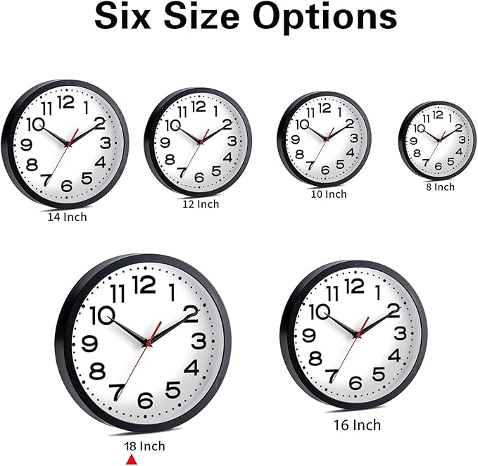 Wall Clock 18 Inch Silent Non-Ticking Modern Clock Battery Operated Classic Simple Minimalist Analog Decorative for Kitchen, Living Room,Office, Bedroom, Bathroom (Black)