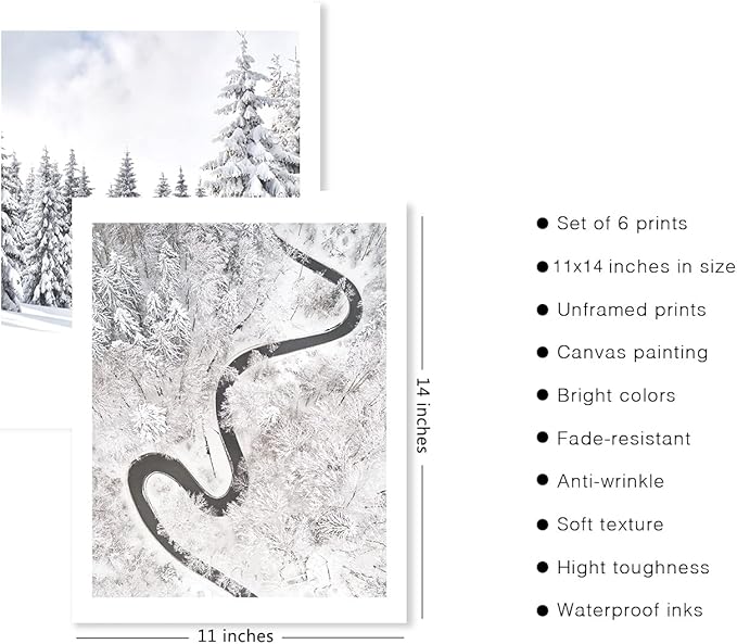 HoozGee Winter Wall Art Prints Set of 6 Canvas Print Artwork Sun Poster Ice Lake Snow Forest Frost Deer Pictures Photography Photo Bedroom Art Wall Decor (11"x14" UNFRAMED, Winter Art)