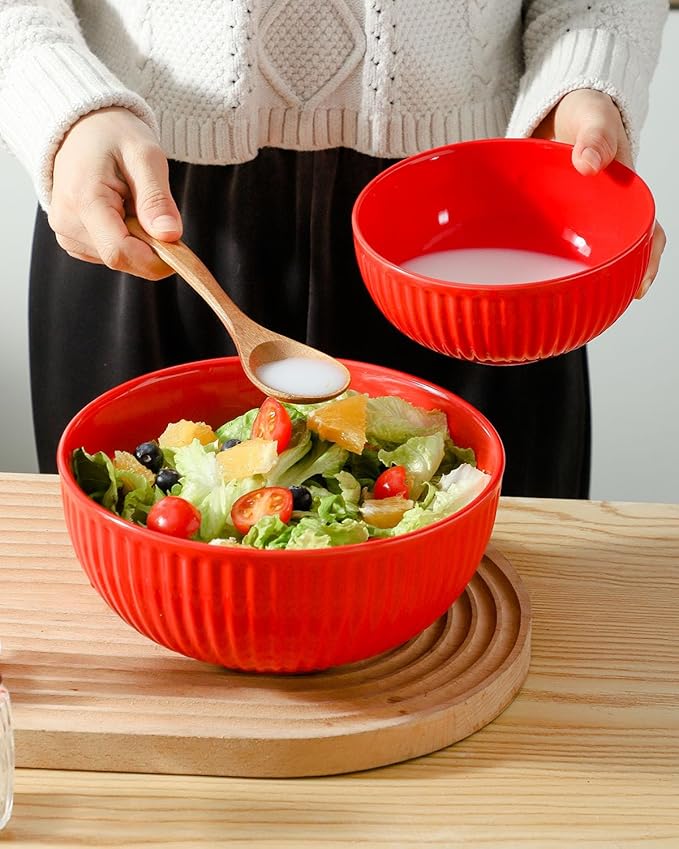 Hasense Mixing Bowls of 3, Porcelain Ribbed Bowls 1.5/1/0.5 Qt For Kitchen, Cooking, Baking and Serving Prep Bowls for Salad, Pasta, Modern Kitchen Dish Dishwasher & Microwave Safe, Red