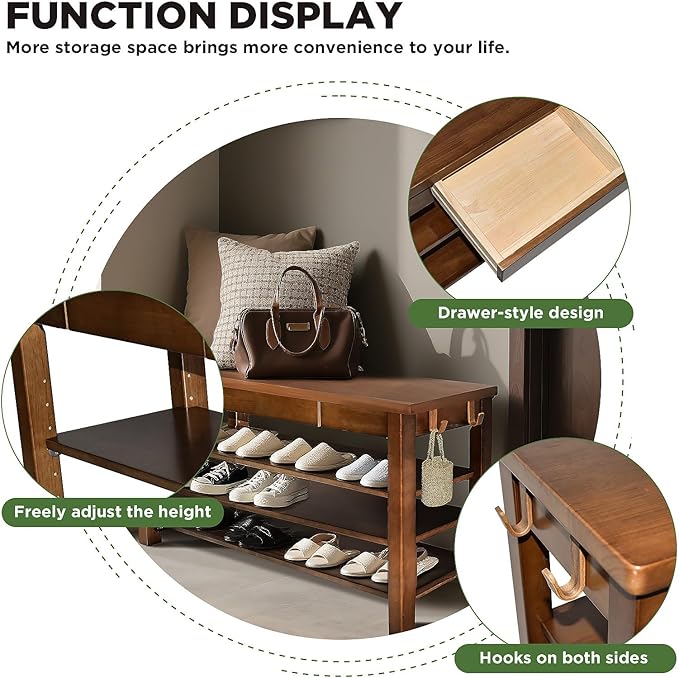 Wood Shoe Bench Entryway with Drawer: 3-Tiers Wooden Storage Shoe Rack with Bench Seat, Compact Mid-Century Modern Design for Entryway,Hallway,Closet,Front Door Entrance,Foyer Walnut 31.5"