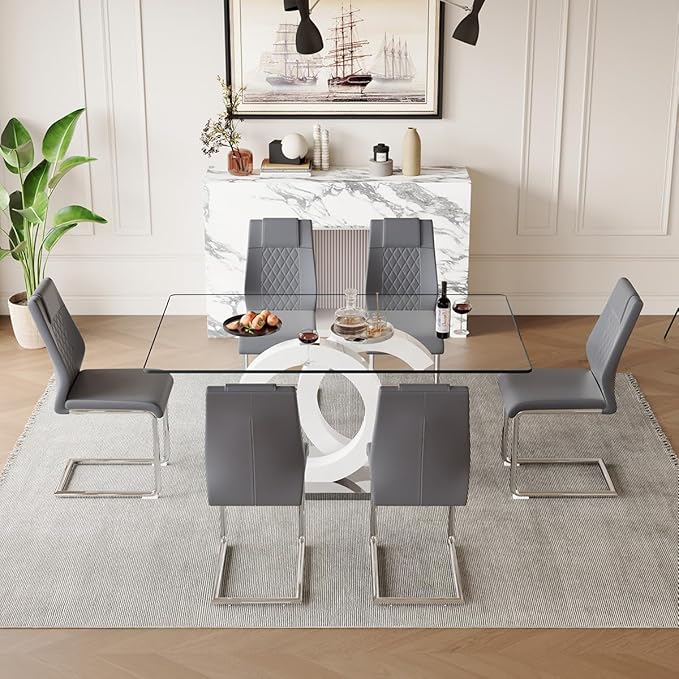 63'' Glass Dining Table Set for 6, Kitchen Table Chairs Set of 6, Clear Glass Dining Table with White unique design Leg and Silver Metal Base, 6 PU Dining Chairs with Metal Legs, Living Room, Kitchen.
