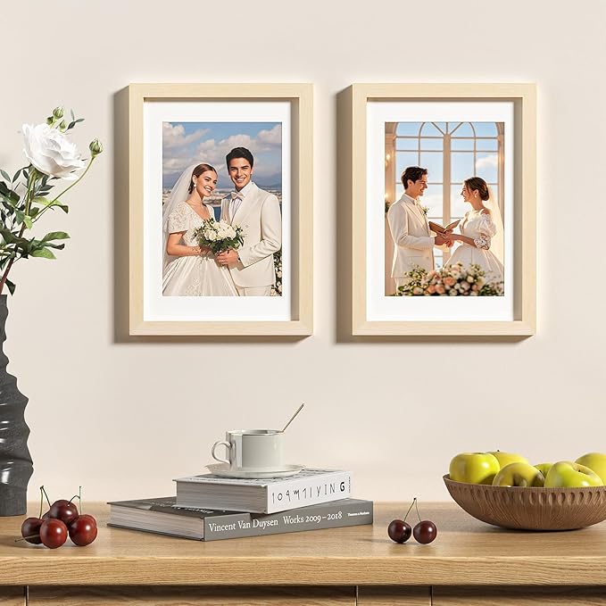 KINLINK A4 Picture Frame, White Oak Solid Wood Frames with Acrylic Plexiglass for Pictures A5 with Mat or A4 without Mat, Tabletop and Wall Display Photo Frame 4 Pack