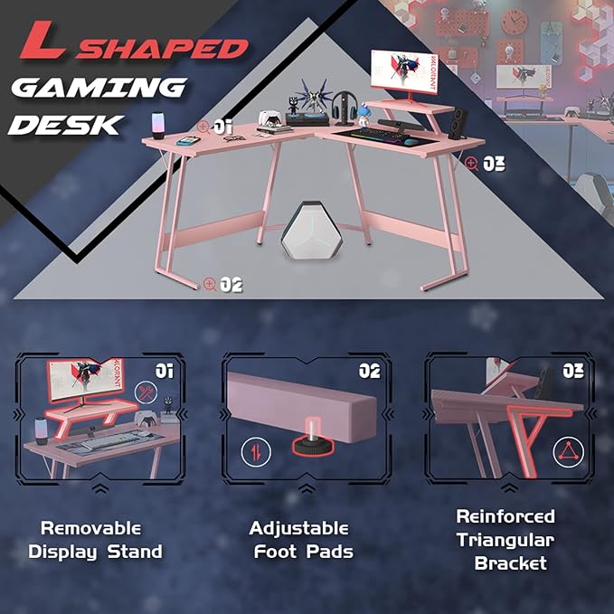 Homall Pink L Shaped Gaming Desk Computer Corner PC Desk Table with Large Monitor Stand for Home Office Studying Writing Workstation, Gift for Girls and Women (Pink, 51 Inch)