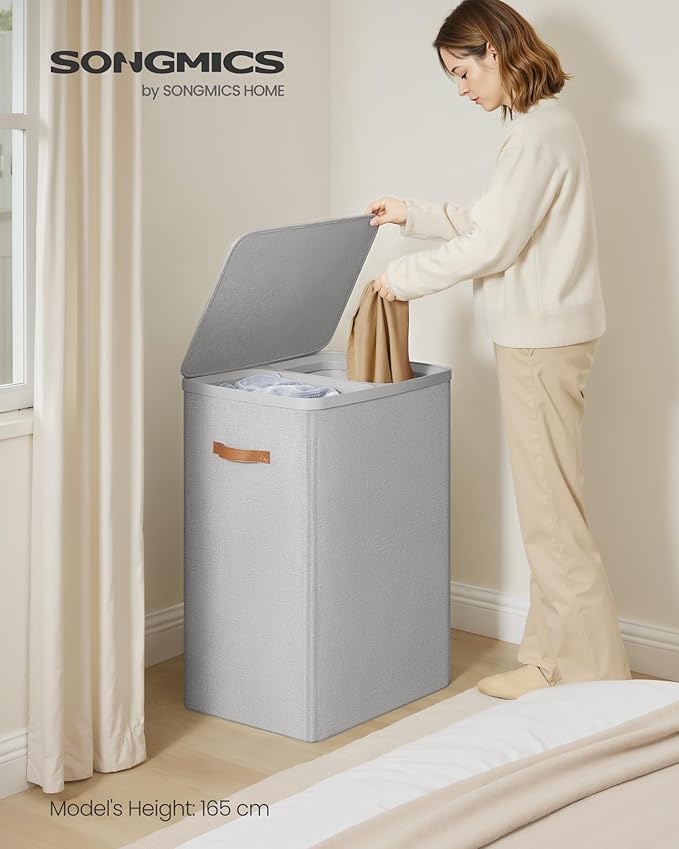 SONGMICS Laundry Basket, 44.9 Gal. Laundry Hamper, 2 Compartments, Easy Assembly, with Lid and Handles, Removable Inner Bags, 22 x 15.7 x 29.5 Inches, Dove Gray ULCB813G01