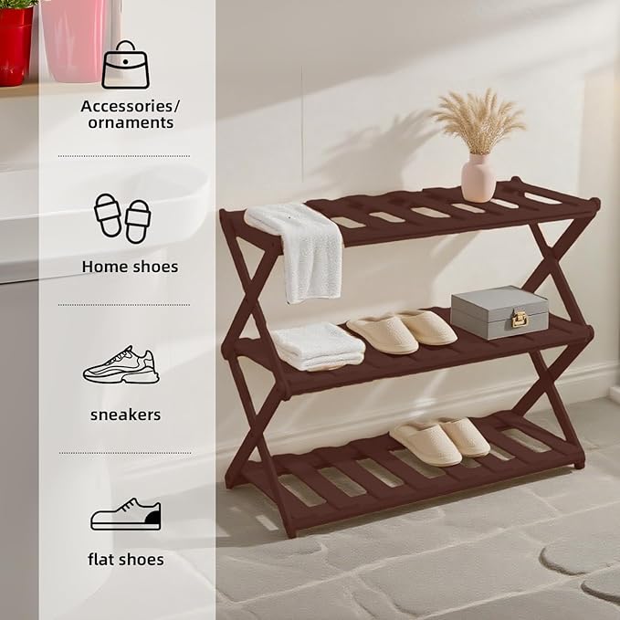 3-Tier Bamboo Shoe Rack, Foldable Shoe Storage Organizer for Closet, Bedroom, Entryway & Living Room - Portable No-Assembly Design, Space-Saving for Shoes & Accessories(3 Tier) (Dark Brown)
