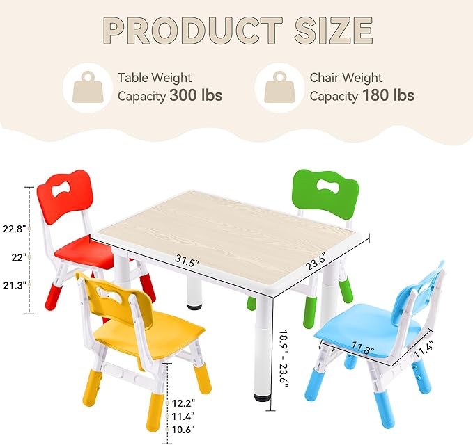 Kids Study Table and Chairs Set, Height Adjustable Toddler Table and Chair Set for Kids Ages 3-8, 31.5" L x 23.6" W Graffiti Desktop Plastic Children Art Table with 4 Seats