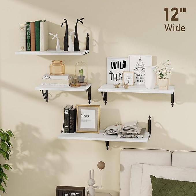 Deep Floating Shelves, 31" W x 12" D Wall Shelves Set of 2, Wide Display Shelf Wall Mounted with Brackets, Bookshelf for Living Room, Bathroom, Bedroom, White