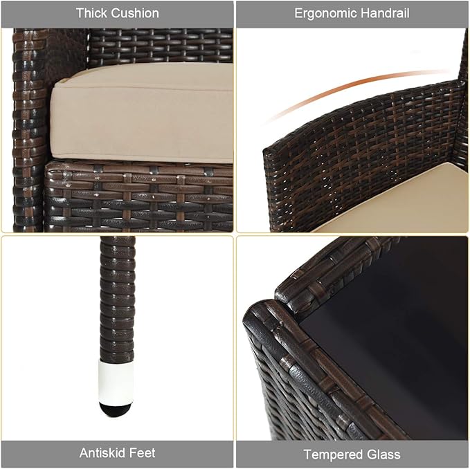 Tangkula 4-PCS Patio Rattan Conversation Set, Outdoor Wicker Furniture Set with Tempered Glass Coffee Table &Thick Cushion, Rattan Chair Wicker Set for Garden, Lawn, Poolside and Backyard (1, Brown)